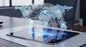 Digital World Map Displayed on Tablet, Blue Global Network Technology Connection