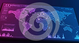 Digital world map displaying data connectivity with glowing nodes and connecting