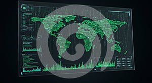 Digital world map displaying global data visualization with numerical information and