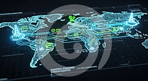 Digital world map displaying global network connections and data flow visualization