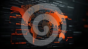 Digital World Map with Orange Dots and Binary Code on Dark Background for Technology Concepts