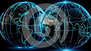 Digital world map, globe, concept of global connection, network and data transfer, technology and telecommunication