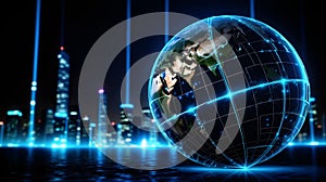 Digital world map, globe, concept of global connection, network and data transfer, technology and telecommunication