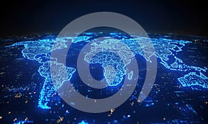 Digital world map with glowing blue network connections and data visualization