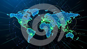 Digital world map with glowing data points and network connections