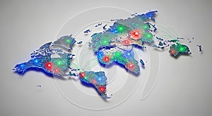 Digital world map with glowing interconnected cities and global data network technology.