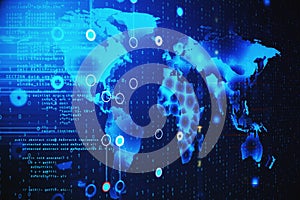 Digital world map with glowing programming interface