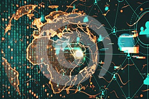 Digital world map with glowing programming interface