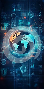 Digital World Map Illustration with Data Visualization Elements