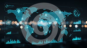 Digital world map interface with futuristic design elements. Features include a dotted