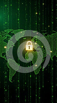 Digital World Map with Matrix Code and Security Lock