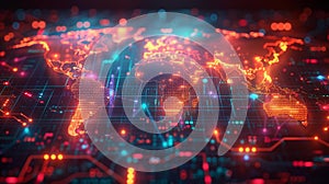 Digital world map with neon lights - generative ai