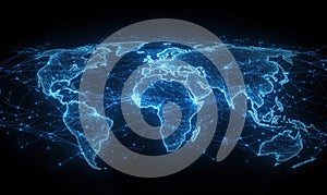 Digital World Map with Network Connections and Data Points Representing Global Connectivity and Technology