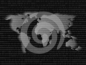 Digital world map sign binary code with binary digits 1 and 0.