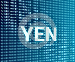 Digital yen word isolated on digital background with 3d background