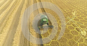 Digitalization of agriculture. Agriculture business infographics. The harvester is harvesting from a wheat field