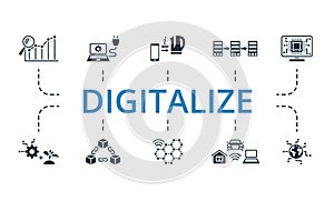 Digitalize set. Creative icons: predictive analytics, plug and work, machine to machine, horizontal integration