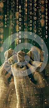 Digitalized burlap bag of dollars with binary code raining down cyber finance photo