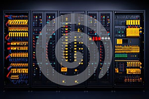 Digitalized Data Technology Center with Server Racks in Dark Room - Concept of Internet of Things and Internet Traffic F photo