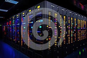 Digitalized Data Technology Center with Server Racks in Dark Room - Concept of Internet of Things and Internet Traffic F photo