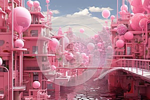 Digitalized Pink digital city. Generate Ai photo