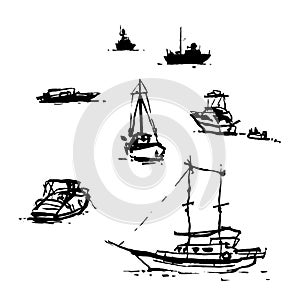 Digitalized sketches - various boats drawn in Bodrum on plain air. Brushpen and india ink