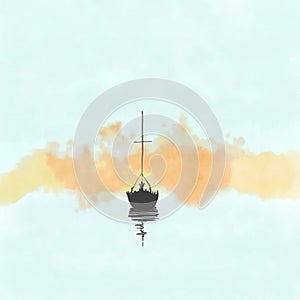 Digitally created abstract watercolour in pastel colors of sailing boat on misty lake for use as background