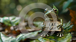 Quirky frog holding a sign in a lush green forest setup. charming amphibian illustration perfect for environmental photo