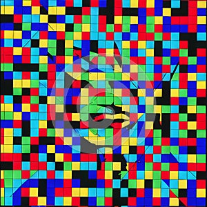 Abstract Mosaic Portrait in Primary Colors with Pixelated Geometric Patterns photo