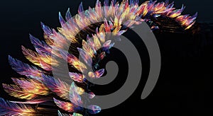 A digitally created image depicting a series of vibrant, multi-colored feathers arranged