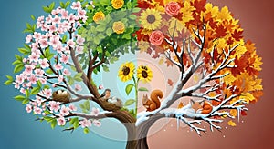 A digitally created image depicts a tree divided into four sections, each representing a different