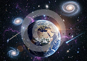 A digitally created image of Earth from space, with visible