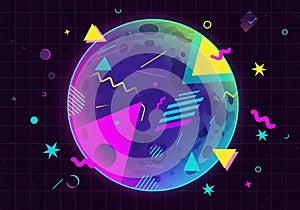 A digitally created image features a stylized celestial body with a dark purple and blue