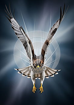 A digitally created image of a hawk (Accipitrinae) in flight,