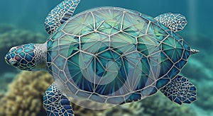 A digitally-created image of a sea turtle with a geometric, mosaic-like shell design.