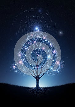 A digitally created image of a tree with glowing branches against