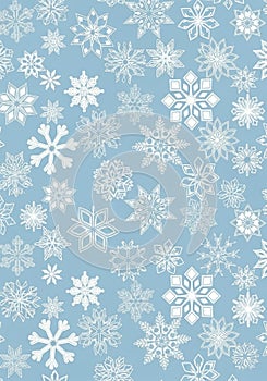 A digitally created pattern of various intricate white snowflakes on a light blue