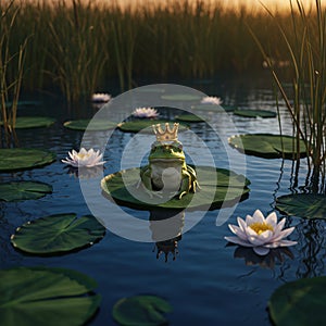 A digitally created scene featuring a frog sitting on a lily pad in a tranquil pond. The