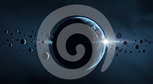 A digitally created scene of a planet in space, surrounded by numerous asteroids or