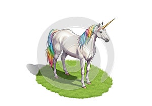 A digitally created unicorn stands on a small patch of green grass. The unicorn