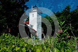 Digitally created watercolor painting of 40 Mile Point Lighthouse on the shore of Lake Huron Michigan