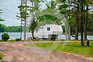 Digitally created watercolor painting of a camper parked in an RV park on the waterfront