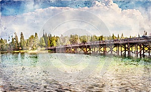 Digitally created watercolor painting of the historic Fishing Bridge in Yellowstone National Park