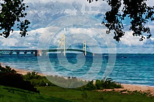 Digitally created watercolor painting of the Mackinaw Bridge on a summertime day framed by trees and the shorelinte
