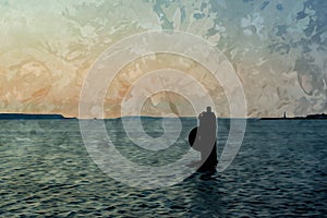 Digitally created watercolor painting of a mooring pier and tire silhouetted in the Straits of Mackinaw