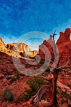 Digitally created watercolor painting of Park Avenue Trailhead view in Arches National Park, Moab, Utah