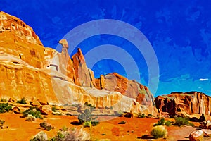 Digitally created watercolor painting of Park Avenue Trailhead view in Arches National Park, Moab, Utah