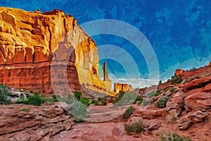 Digitally created watercolor painting of Park Avenue Trailhead view in Arches National Park, Moab, Utah