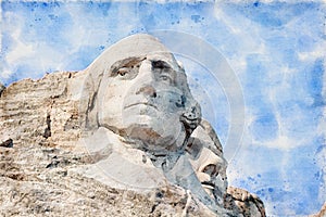 Digitally created watercolor painting of a rendition of the George Washington on Mount Rushmore