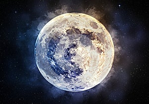 A digitally enhanced image of the Moon showcasing its craters and surface details.